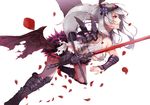  :d albino armor armored_boots bangs bare_shoulders black_wings blue_flower boots dark_jeanne dress flower frills from_side gauntlets granblue_fantasy grey_hair hair_flower hair_ornament highres jeanne_d'arc_(granblue_fantasy) long_hair low_wings mugcup open_mouth pauldrons petals profile red_eyes silver_hair simple_background smile solo sword vambraces weapon white_background wings 
