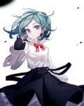  aqua_hair bangs blurry bow bowtie breasts child chromatic_aberration closed_mouth cowboy_shot depth_of_field eyelashes floating_hair frown green_hair hisu_(hiss_1107) kagerou_project kido_tsubomi long_hair long_sleeves looking_at_viewer medium_hair petticoat red_bow red_neckwear shirt short_over_long_sleeves short_sleeves simple_background skirt small_breasts solo suspender_skirt suspenders suspenders_hanging swept_bangs twitter_username white_background white_shirt wide_sleeves wind younger 