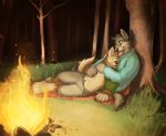  canine clothing ctrl_alt_spiff ctrl_alt_yiff cuddling fire forest male male/male mammal tree wolf 