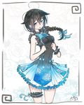  ahoge alternate_costume black_hair blue_eyes blush bow braid dress floral_background floral_print frilled_dress frills hair_flaps hair_over_shoulder highres kantai_collection nora_(salatto) open_mouth remodel_(kantai_collection) shigure_(kantai_collection) single_braid solo 