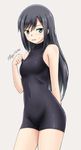  aqua_eyes asashio_(kantai_collection) bare_shoulders black_hair blush bodysuit commentary_request detached_sleeves fuuma_nagi kantai_collection long_hair simple_background solo standing sweatdrop twitter_username wavy_mouth 