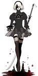  1girl blindfold boots cleavage_cutout dress female full_body gloves high_heels highres mole mole_under_mouth nier nier:_automata nier_automata puffy_sleeves short_hair silver_hair solo square_enix standing sword thigh_boots thighhighs weapon white_background yorha_no.2_type_b yorha_unit_no._2_type_b 