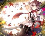  animal_ears belt blizzomos chestnut_mouth detached_sleeves deviantart_sample hat image_sample inubashiri_momiji japanese_clothes leaf long_sleeves looking_at_viewer maple_leaf open_mouth pom_pom_(clothes) red_eyes rope scarf shield shirt short_hair skirt solo string sword tokin_hat touhou weapon white_hair wide_sleeves wolf_ears 