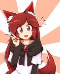  1girl :d animal_ear_fluff animal_ears brooch commentary dress fang fingernails imaizumi_kagerou jewelry long_hair long_sleeves looking_at_viewer nail_polish open_mouth red_eyes red_hair red_nails sharp_fingernails smile solo tail touhou upper_body v very_long_hair white_dress wolf_ears wolf_tail wool_(miwol) 