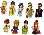  6+boys akasaka_mamoru bag beard black_hair blonde_hair blue_hair blush brown_hair chess_piece chie_rumiko child company_connection crown dress facial_hair fang formal grin higurashi_no_naku_koro_ni houjou_satoshi kasai_tatsuyoshi long_hair looking_at_viewer multiple_boys multiple_girls necktie okonogi_tetsurou open_mouth orange_hair ponytail ryou_(shirotsumesou) short_hair simple_background skirt smile stuffed_animal stuffed_toy suit sunglasses teddy_bear umineko_no_naku_koro_ni ushiromiya_battler ushiromiya_george ushiromiya_jessica ushiromiya_maria 