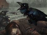  aaron_miller atmospheric_perspective avian beak bird blood bone building corpse corvid crow death feral group human magic_the_gathering mammal official_art red_eyes signature solo_focus standing undead white_eyes zombie 