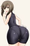  :d ass bare_shoulders bodysuit brown_eyes brown_hair from_behind fuuma_nagi kantai_collection looking_at_viewer looking_back open_mouth panties pantylines short_hair simple_background skin_tight smile solo taihou_(kantai_collection) twitter_username underwear 