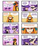  2girls 4koma blue_hair brother_and_sister brown_eyes bucket_hat close-up closed_eyes comic crossed_arms english fangs flying_sweatdrops from_behind glasses hat inkling jacket looking_away multiple_girls open_mouth orange_eyes orange_hair ponytail siblings speech_bubble splatoon_(series) splatoon_1 splatoon_2 squid squidbeak_splatoon sweat sweatdrop tentacle_hair wong_ying_chee 