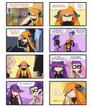  1boy 2girls 4koma adjusting_eyewear arrow blue_hair brother_and_sister brown_eyes bucket_hat buttons character_name comic domino_mask english from_above glasses hat inkling long_hair looking_at_another mask multiple_girls open_mouth pointy_ears ponytail shoes siblings sneakers splatoon_(series) splatoon_1 splatoon_2 spoken_exclamation_mark squidbeak_splatoon tentacle_hair wong_ying_chee 