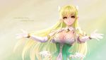  blonde_hair breasts cleavage corset elsword english gloves grand_archer_(elsword) green_eyes large_breasts long_hair looking_at_viewer outstretched_arms poklala rena_(elsword) smile solo spread_arms upper_body white_gloves 