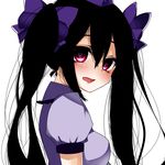  black_hair blush hair_ribbon hat hata-tan heart heart-shaped_pupils himekaidou_hatate long_hair looking_at_viewer mashiro_(iityannz) open_mouth puffy_sleeves red_eyes ribbon shirt short_sleeves simple_background solo symbol-shaped_pupils tokin_hat touhou twintails upper_body white_background 