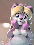  2016 ajin anthro blonde_hair blue_eyes blush breasts canine dog female fur hair looking_at_viewer mammal navel nipples nude pink_fur smile solo whiskers 
