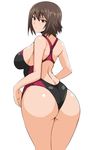  ass bangs bikini blush breasts brown_eyes brown_hair competition_swimsuit cowboy_shot from_behind girls_und_panzer koujun_(mugenzero) large_breasts looking_at_viewer looking_back nishizumi_maho one-piece_swimsuit shiny shiny_skin short_hair sideboob solo swimsuit 