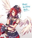  armlet black_gloves bow dated detached_collar double-breasted feather_skirt feathered_wings feathers gloves hair_twirling hand_on_own_elbow happy_birthday hat hat_bow hat_feather hat_ribbon highres looking_at_viewer love_live! love_live!_school_idol_project midriff multicolored multicolored_clothes multicolored_skirt navel nishikino_maki one_side_up overskirt purple_eyes red_hair ribbon sanada_(tony2035176) short_hair skirt smile solo striped striped_bow white_feathers white_wings wings 