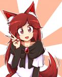  :d animal_ear_fluff animal_ears brooch commentary dress fang fingernails imaizumi_kagerou jewelry long_hair long_sleeves looking_at_viewer nail_polish nervous_smile open_mouth red_eyes red_hair red_nails sharp_fingernails smile solo tail touhou trembling turn_pale upper_body v very_long_hair white_dress wolf_ears wolf_tail wool_(miwol) 