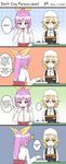  2girls 4koma alternate_costume anger_vein blonde_hair bow comic commentary_request food fuente green_eyes hair_bow hard_translated hat highres mizuhashi_parsee multiple_girls name_tag pointy_ears ponytail purple_eyes purple_hair source_request spoken_ellipsis sweat touhou watatsuki_no_yorihime 