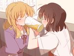  alcohol beer beer_mug blonde_hair blush brown_hair closed_eyes cup dress drinking holding holding_cup jiao_bei_jiu locked_arms long_hair long_sleeves maribel_hearn multiple_girls puffy_long_sleeves puffy_sleeves red_ribbon ribbon shirt short_sleeves touhou translation_request unagi_sango upper_body usami_renko white_shirt wide_sleeves 