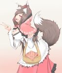  animal_ears basket breasts brown_hair cleavage commentary cosplay cube85 dress fang highres hood imaizumi_kagerou large_breasts little_red_riding_hood little_red_riding_hood_(grimm) little_red_riding_hood_(grimm)_(cosplay) looking_at_viewer orange_eyes red_hood solo tail tongue tongue_out touhou v wolf_ears wolf_tail 