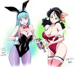  2girls between_breasts breasts bulma bunny_suit dragon_ball konkitto large_breasts long_hair lunch_(dragon_ball) multiple_girls pantyhose thighhighs 