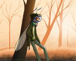  2016 4_arms antennae anthro arthropod beanie clothed clothing detailed_background digital_media_(artwork) fly hair hat headphones insect jacket leaning leaning_back male mothmonarch multi_arm multi_limb outside pants pose silver_stiletto_fly smile solo standing sunset tree watermark wings 