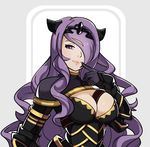  between_breasts breasts camilla_(fire_emblem_if) circlet cleavage finger_to_mouth fire_emblem fire_emblem_if hair_over_one_eye highres huge_breasts lips long_hair looking_at_viewer purple_hair smile solo splashbrush strap_cleavage upper_body 
