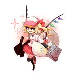  alien_(psr992) backpack bag blonde_hair cuddles dakimakura_(object) fang flandre_scarlet flippy full_body glasses hair_ribbon happy_tree_friends hat paper_bag patterned_background pillow red-framed_eyewear red_skirt ribbon shirt side_ponytail skirt smile solo sparkle sunglasses touhou transparent_background white_shirt wings 