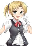  :d bangs blonde_hair blouse gloves grey_eyes kantai_collection looking_at_viewer maikaze_(kantai_collection) nayuhi_(yukimuu14) open_mouth parted_bangs ponytail red_ribbon ribbon school_uniform short_hair short_sleeves simple_background smile solo twitter_username vest white_background white_blouse white_gloves 
