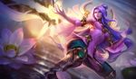  blade boots cleavage_cutout detached_sleeves flower green_eyes irelia knee_boots league_of_legends long_hair lotus michelle_hoefener official_art order_of_the_lotus_irelia purple_hair solo very_long_hair 