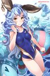  animal_ears blue_hair blush breasts brown_eyes clenched_hands competition_swimsuit covered_navel earrings erune ferry_(granblue_fantasy) granblue_fantasy highleg highleg_swimsuit jewelry long_hair looking_at_viewer medium_breasts one-piece_swimsuit solo super_zombie swimsuit twitter_username very_long_hair wading water wavy_hair 
