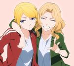  arm_around_neck blonde_hair blue_eyes braid closed_eyes darjeeling embarrassed frown girls_und_panzer gym_shirt jacket kay_(girls_und_panzer) kofunami_nana long_hair multiple_girls open_clothes open_jacket open_track_jacket shirt smile sweatdrop teeth track_jacket v 