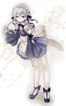  apron blue_eyes crossdressing detached_sleeves goroo granblue_fantasy hair_ribbon maid maid_apron maid_headdress male_focus neck_ribbon noa_(granblue_fantasy) otoko_no_ko ribbon silver_hair solo 