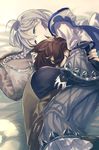  bed blue_eyes braid brown_hair closed_eyes goroo granblue_fantasy hug long_hair male_focus multiple_boys noa_(granblue_fantasy) rackam_(granblue_fantasy) silver_hair single_braid sleeping smile 