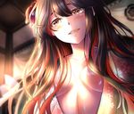  black_hair collarbone commentary fate_(series) flower from_below grin hair_flower hair_ornament japanese_clothes kimono koha-ace long_hair mia_(gute-nacht-07) no_bra oda_nobunaga_(fate) red_eyes smile solo 
