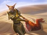  abzan ainok anthro armor canine desert dragging dutch_angle featureless_crotch female front_view high-angle_view kieran_yanner landscape magic_the_gathering mammal official_art severed_limb signature snarling solo walking 