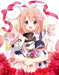  :&lt; :3 :d angora_rabbit animal_ears blush_stickers brown_hair bunny cane choker dress eyepatch fake_animal_ears flower gochuumon_wa_usagi_desu_ka? hair_flower hair_ornament hairband hands_together hat hoto_cocoa lolita_hairband open_mouth puffy_short_sleeves puffy_sleeves purple_eyes red_flower red_ribbon red_rose ribbon ribbon_choker rose ryoutan short_sleeves smile stitches striped striped_ribbon stuffed_animal stuffed_bunny stuffed_toy teeth tippy_(gochiusa) top_hat 