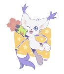  ambiguous_gender blue_eyes cat clothing digimon feline flower fur gatomon gloves iguky looking_at_viewer mammal open_mouth plant simple_background white_fur 