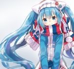  blue_eyes blue_hair borrowed_design character_name hair_through_headwear hat hatsune_miku highres jimmy long_hair looking_at_viewer scarf smile solo striped striped_scarf twintails very_long_hair vocaloid winter_clothes yuki_miku 