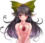  bad_id bad_twitter_id bangs black_hair blush bow breasts collarbone dikko green_bow hair_bow large_breasts long_hair looking_at_viewer nude red_eyes reiuji_utsuho scar simple_background smile solo touhou upper_body v_arms white_background 
