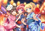  3girls :d alpaca ayase_eli bibi_(love_live!) black_hair blonde_hair blue_eyes blush candy_apple fish girl_sandwich goldfish hand_on_another&#039;s_shoulder hand_on_another's_shoulder japanese_clothes kimono lantern long_hair looking_at_viewer love_live!_school_idol_project mask multiple_girls nishikino_maki open_mouth paper_lantern ponytail purple_eyes red_eyes red_hair sandwiched short_hair smile summer_festival twintails vashaps2 yazawa_nico yukata 