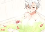  /\/\/\ 1girl :o ahoge bath bathing blush breasts collarbone fate/grand_order fate_(series) flower hair_up jirou_(tamaho39) large_breasts looking_at_viewer navel nude olga_marie petals sitting solo white_hair yellow_eyes 