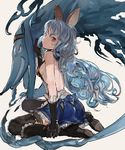  1girl animal_ears backless_outfit bangs bare_shoulders black_boots black_gloves black_legwear blue_hair blue_skirt boots bow breasts commentary curly_hair elbow_gloves erun_(granblue_fantasy) expressionless eyebrows eyebrows_visible_through_hair ferry_(granblue_fantasy) frilled_skirt frills gloves granblue_fantasy hair_between_eyes hand_on_leg high_heel_boots high_heels long_hair looking_at_viewer looking_to_the_side nuda purple_eyes sideboob sitting skirt thigh_boots thighhighs wariza white_background 