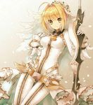 1girl ass_visible_through_thighs belt blonde_hair chain chains fate/extra fate/extra_ccc fate_(series) gluteal_fold green_eyes ice_(ice_aptx) lock padlock saber_bride saber_extra skin_tight solo sword veil veils weapon 