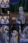  2019 anthro beach blonde_hair blue_eyes breasts butt camp_pines canine chest_tuft clothing comic convenient_censorship diving dock dripping eyes_closed feet female forest fur glowing glowing_eyes grey_fur hair heresy_(artist) jensca lake long_hair mammal night nude outside pawpads rear_view seaside shirt side_boob silhouette skinny_dipping splash spooky star t-shirt tasteful_nudity tree tuft wet wolf 