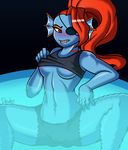  2016 absurd_res anthro blush breasts clothed clothing drako1997 eye_patch eyewear female fin fish hair head_fin hi_res marine red_eyes red_hair slit_pupils solo under_boob undertale undyne video_games water yellow_sclera 