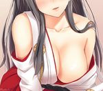  1girl black_hair blush breasts cleavage faceless faceless_female haruna_(kantai_collection) huge_breasts japanese_clothes kanden_suki kantai_collection large_breasts long_hair nontraditional_miko open_mouth 