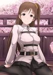  1girl black_legwear boots brown_eyes brown_hair fate/grand_order fate_(series) female_protagonist_(fate/grand_order) female_protagonist_(fate/grand_order)_(cosplay) idolmaster idolmaster_cinderella_girls inoshira long_hair nitta_minami side_ponytail smile solo 