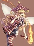  1girl american_flag_legwear american_flag_shirt blonde_hair brown_background clownpiece fairy fairy_wings hat jester_cap long_hair namuko open_mouth polka_dot simple_background solo star torch touhou wings yellow_eyes 