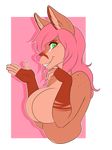  anthro big_breasts breasts canine featureless_breasts female kammymau looking_at_viewer mammal nude simple_background smile solo teeth 