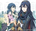  2boys 2girls birthday blue_eyes blue_hair blush cape character_request child dual_persona father_and_daughter fingerless_gloves fire_emblem fire_emblem:_kakusei flower gloves happy_birthday krom long_hair lucina mejiro multiple_boys multiple_girls my_unit_(fire_emblem:_kakusei) nono_(fire_emblem) pov short_hair smile tiara time_paradox 