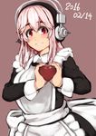  1girl alternate_costume apron blush breasts chocolate chocolate_heart deni_m enmaided headphones heart large_breasts long_hair looking_at_viewer maid maid_apron nitroplus pink_hair red_eyes skirt smile solo super_sonico 